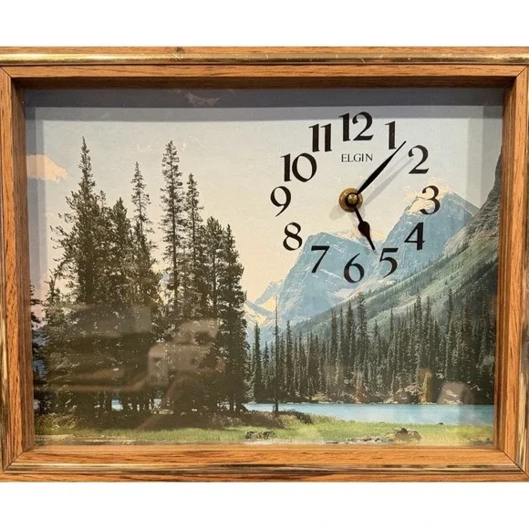 Vintage Elgin Mountain Landscape Wall Clock Takane Quartz Movement Wood Frame
